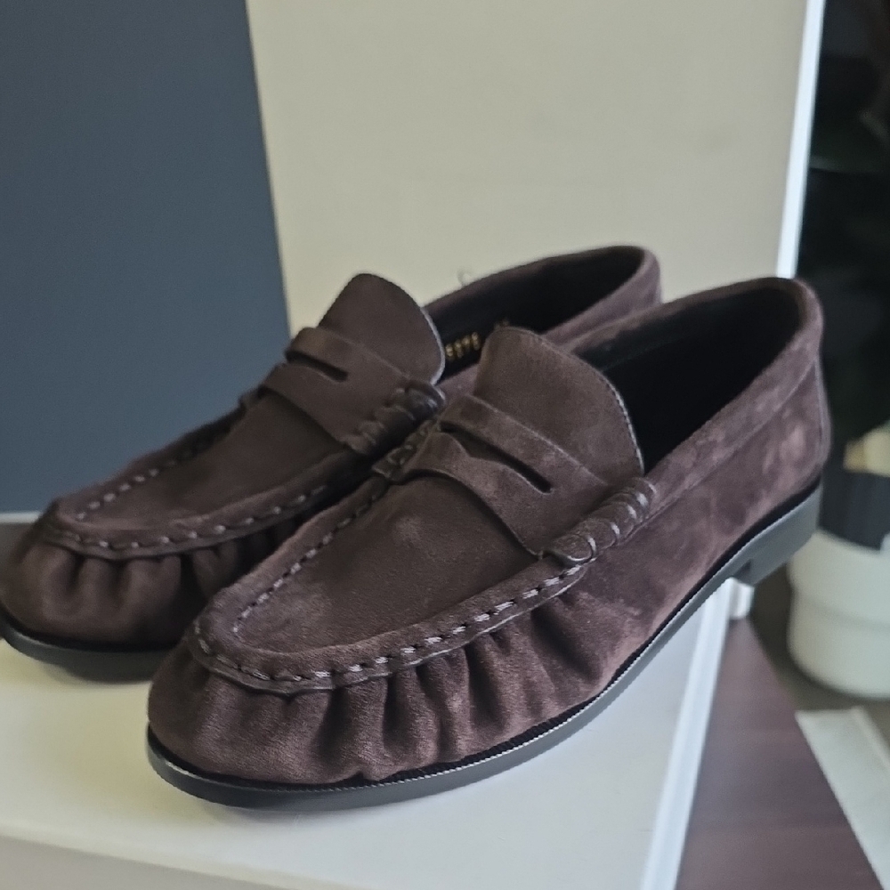 Saint Laurent Brown Suede Penny Loafers with Gold YSL Accent - Picture 6 of 13